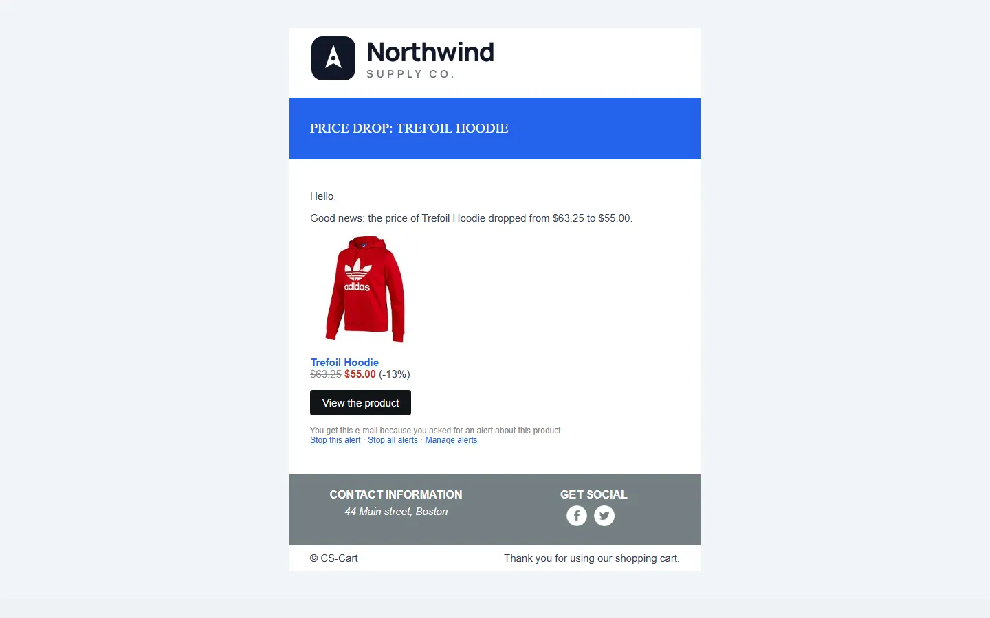 Price-drop e-mail: old and new price with the saving, product image, View the product, and Stop this alert / Stop all alerts / Manage alerts links.