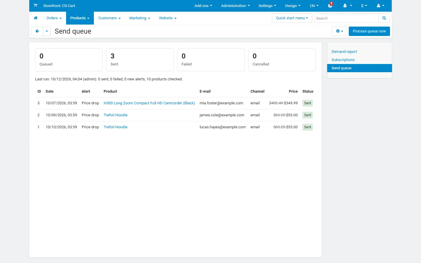Send queue: counters, last run and the sent price-drop rows, with Process queue now.