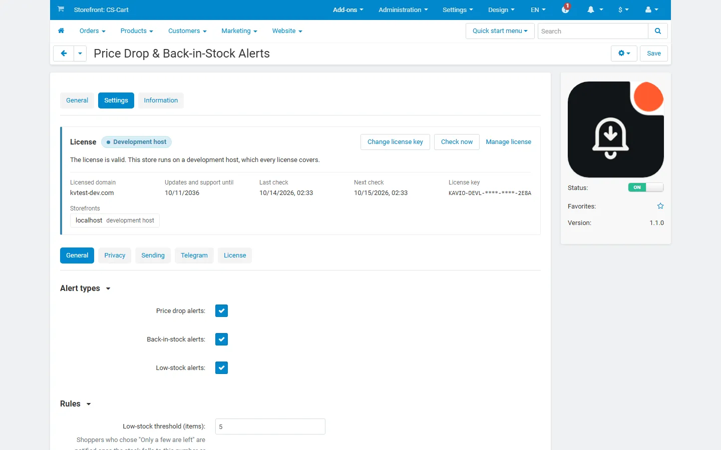 Settings, General: alert types and rules (low-stock threshold, minimum price drop, target price).