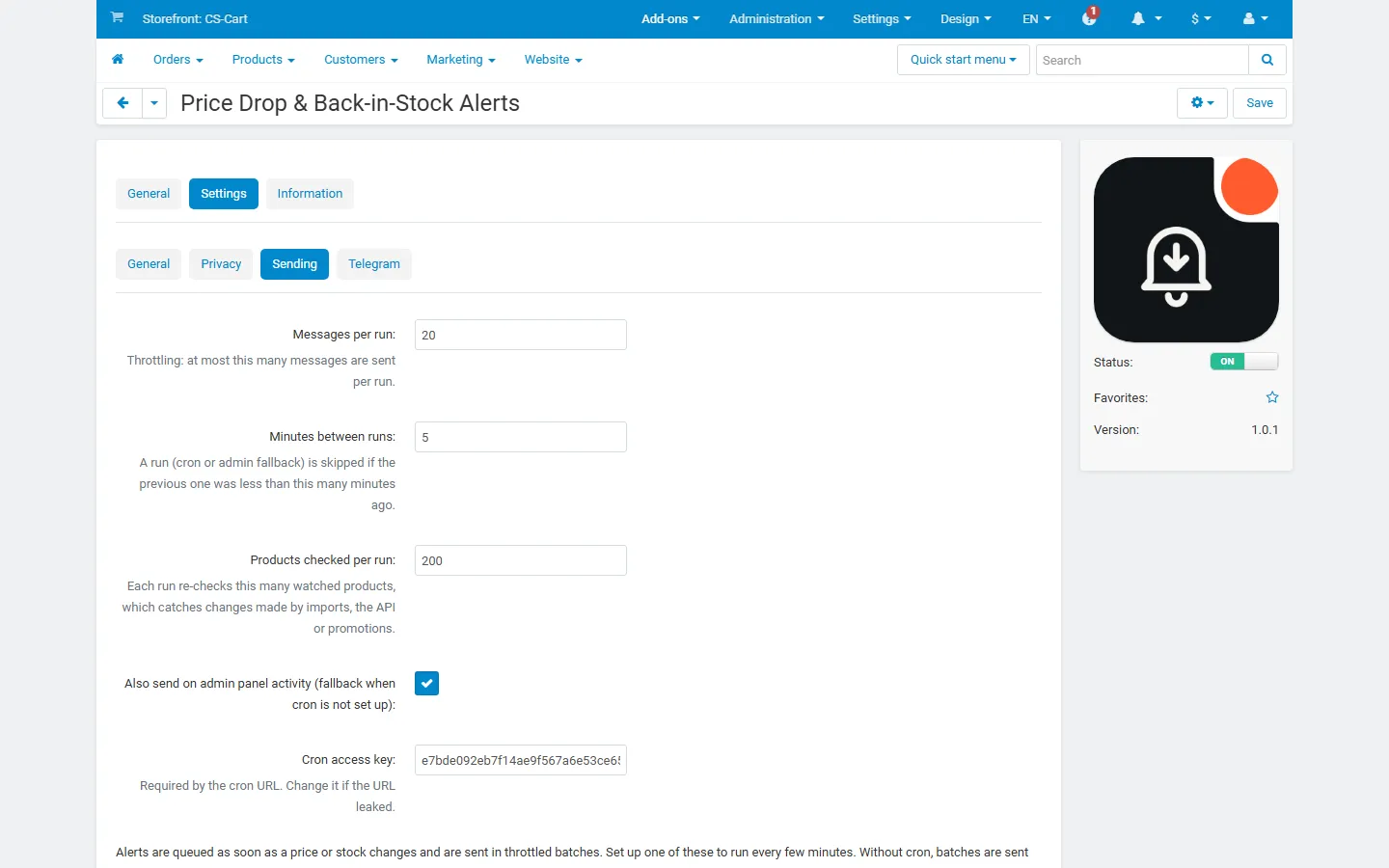 Settings, Sending: messages per run, minutes between runs, products checked per run, admin fallback and the cron key.
