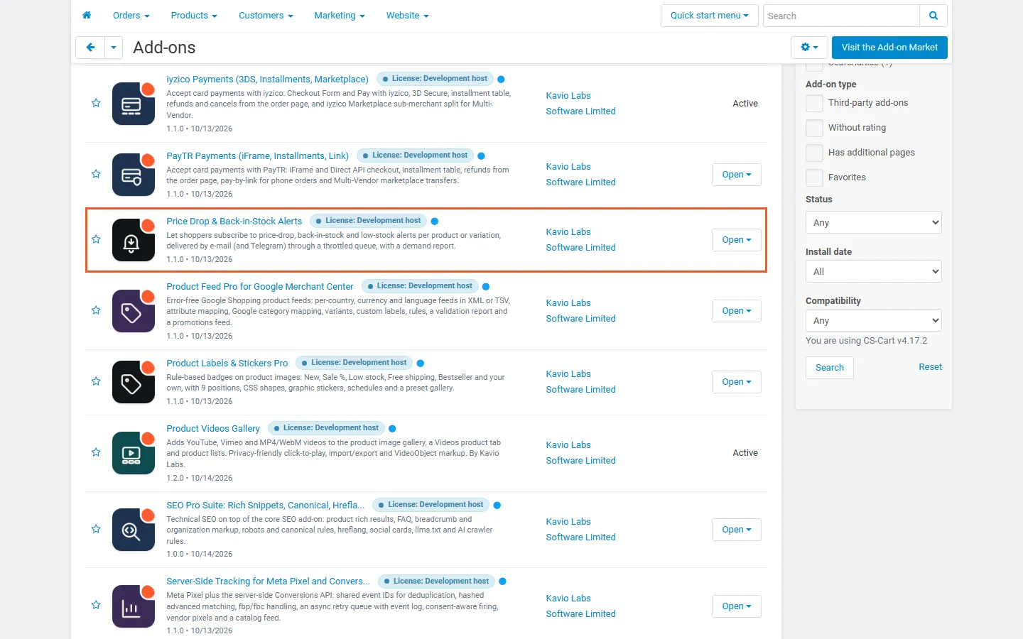 Admin, Downloaded add-ons filtered to Kavio Labs, with Price Drop & Back-in-Stock Alerts highlighted and active (version 1.0.4).