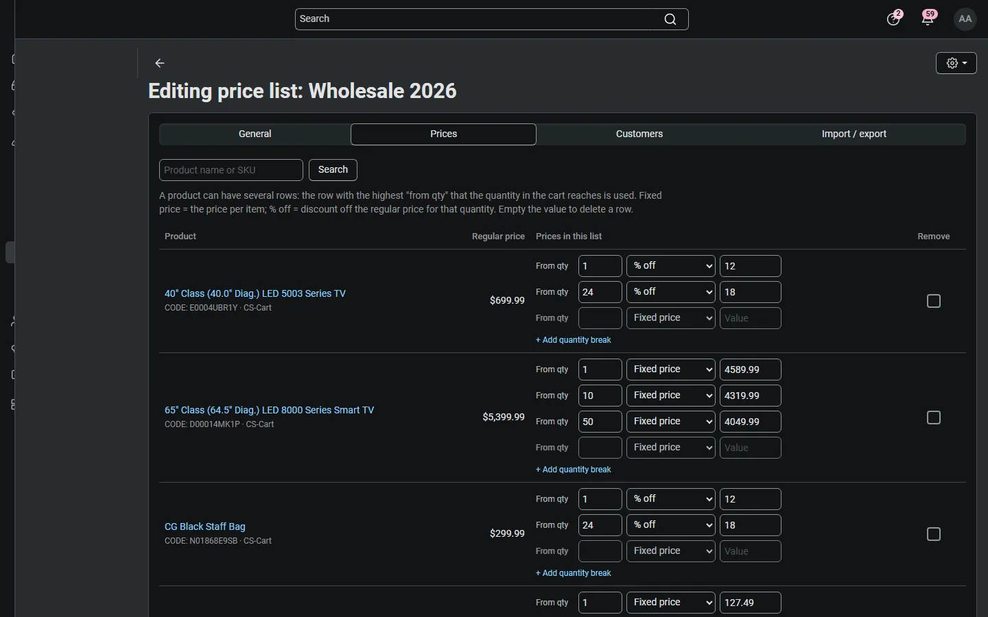 Prices editor