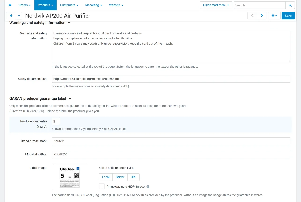 Product editor tab