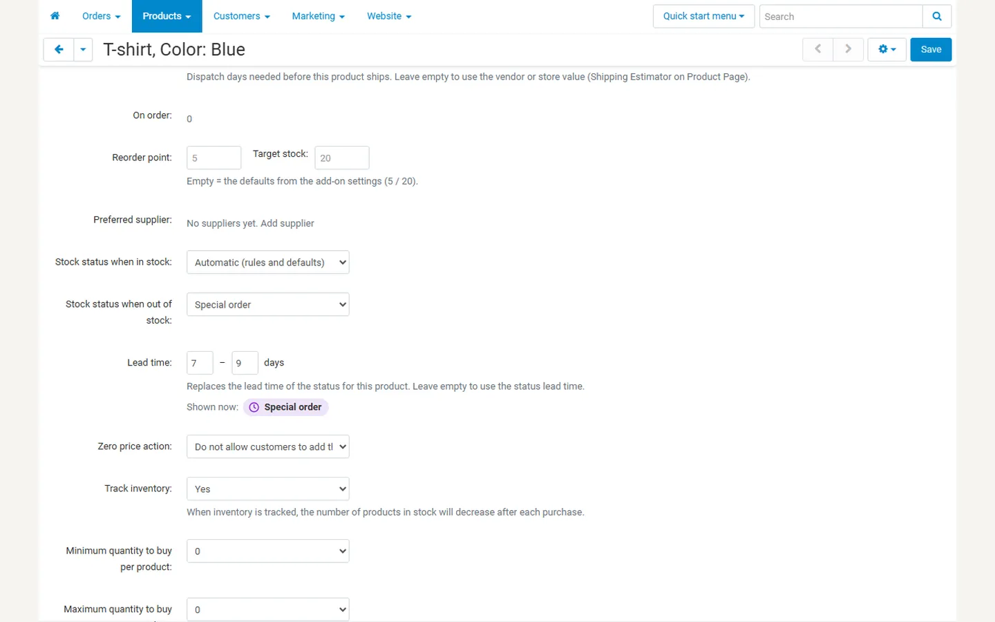 Product editor: status in / out of stock, lead time, status shown now.