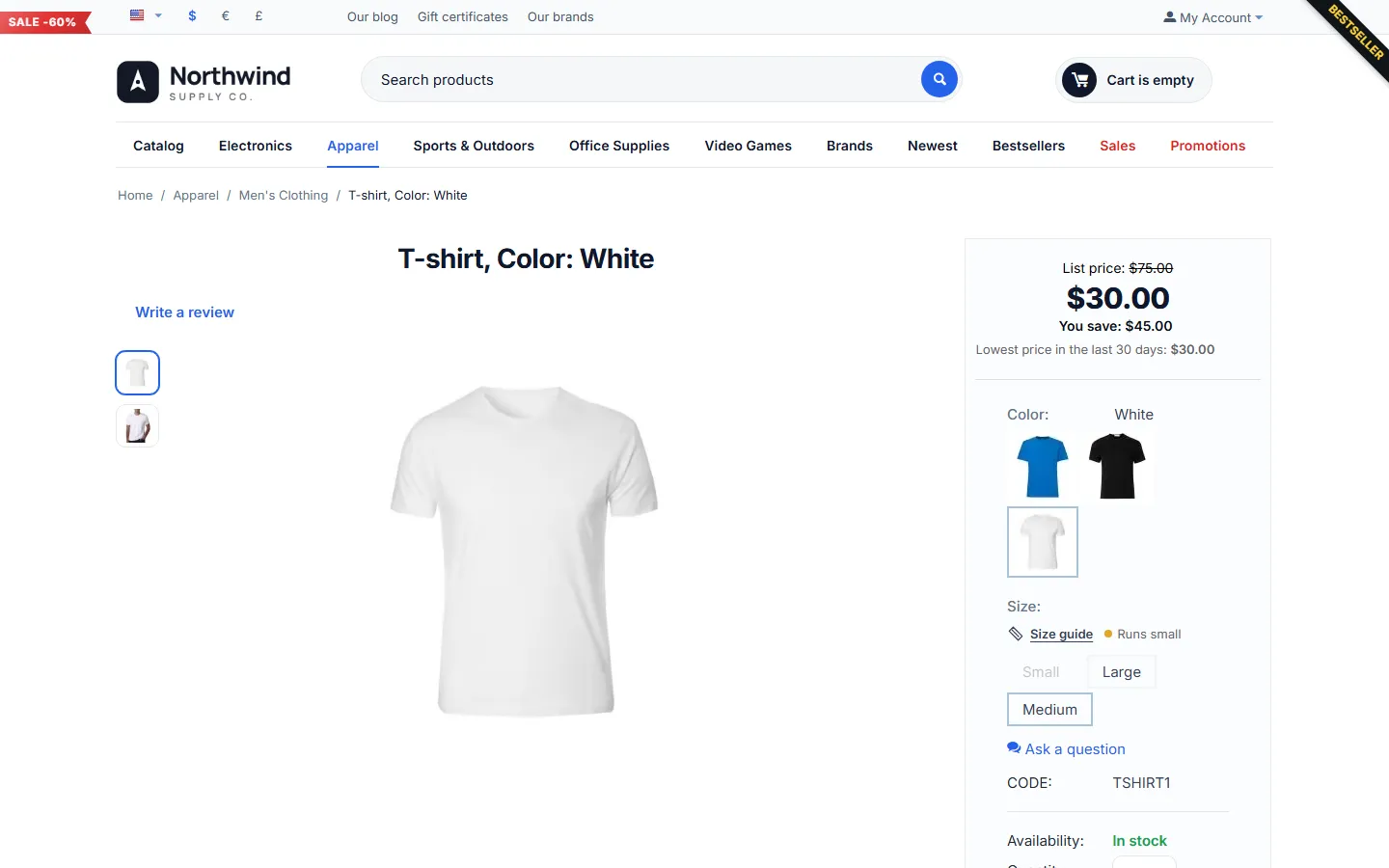 Product page: Size guide link next to the size selector with the “Runs small” fit hint.