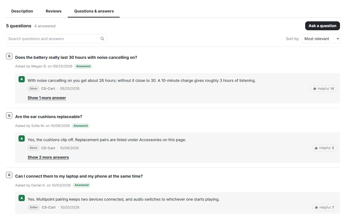 Questions & answers tab on the product page