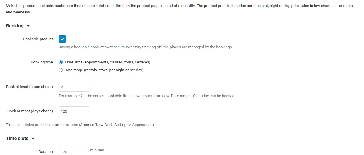Booking tab of the product editor