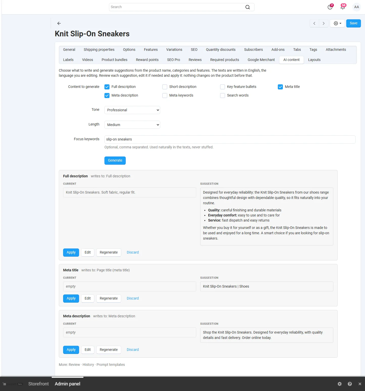 The AI content tab