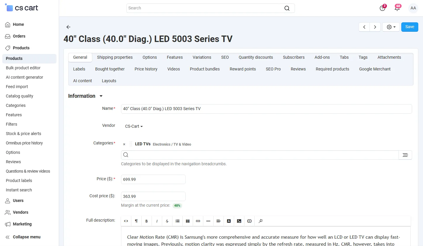 Product page: Cost price field with the margin at the current price.