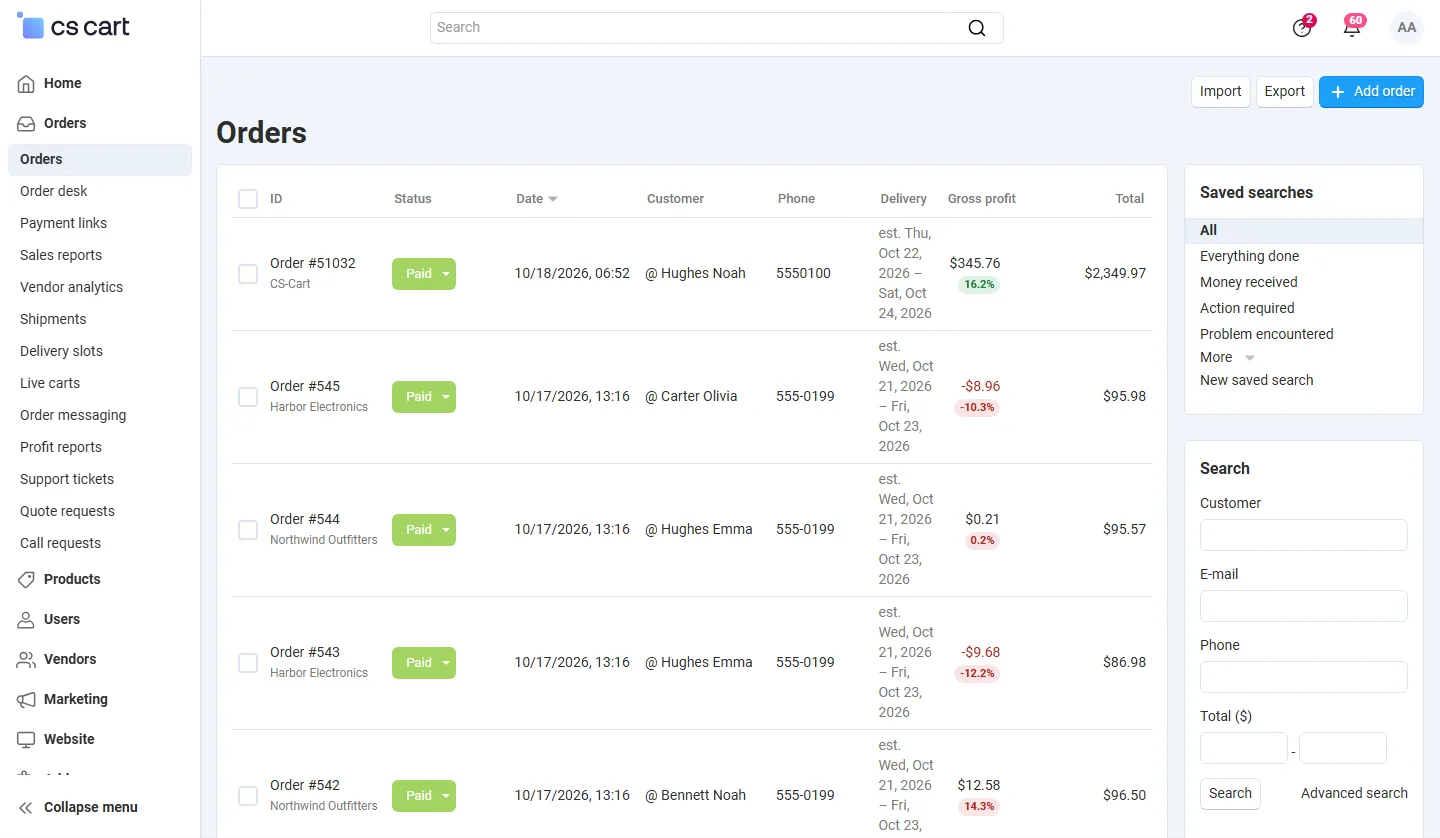 Orders list with the Gross profit column and margin badges (red below the threshold).