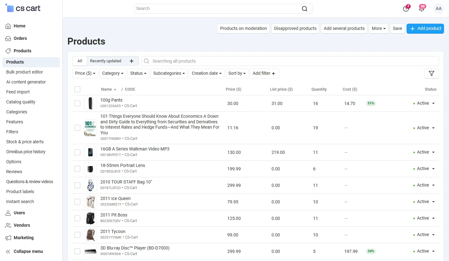 Product list: Cost column with inline input and margin badge.