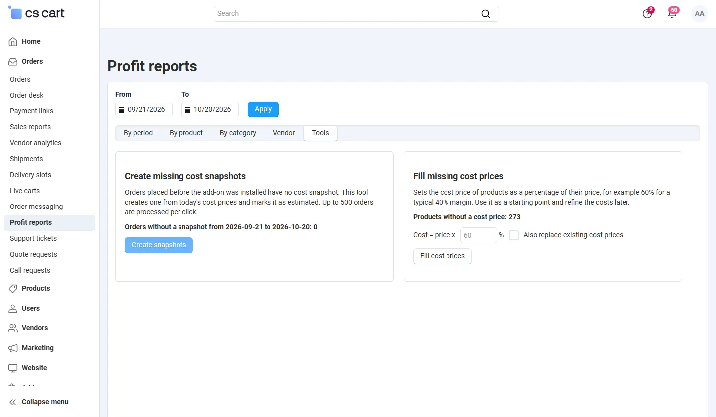 Tools tab: create missing cost snapshots and fill missing cost prices by percentage.