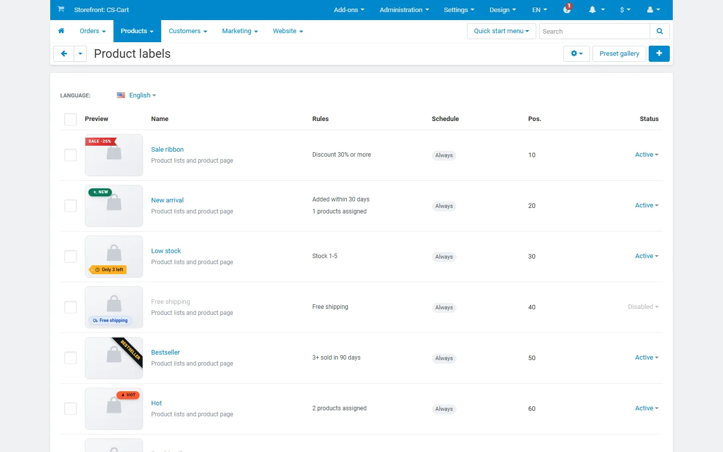 Products > Product labels: preview, name, where shown, rules, schedule state, position and status of each badge.