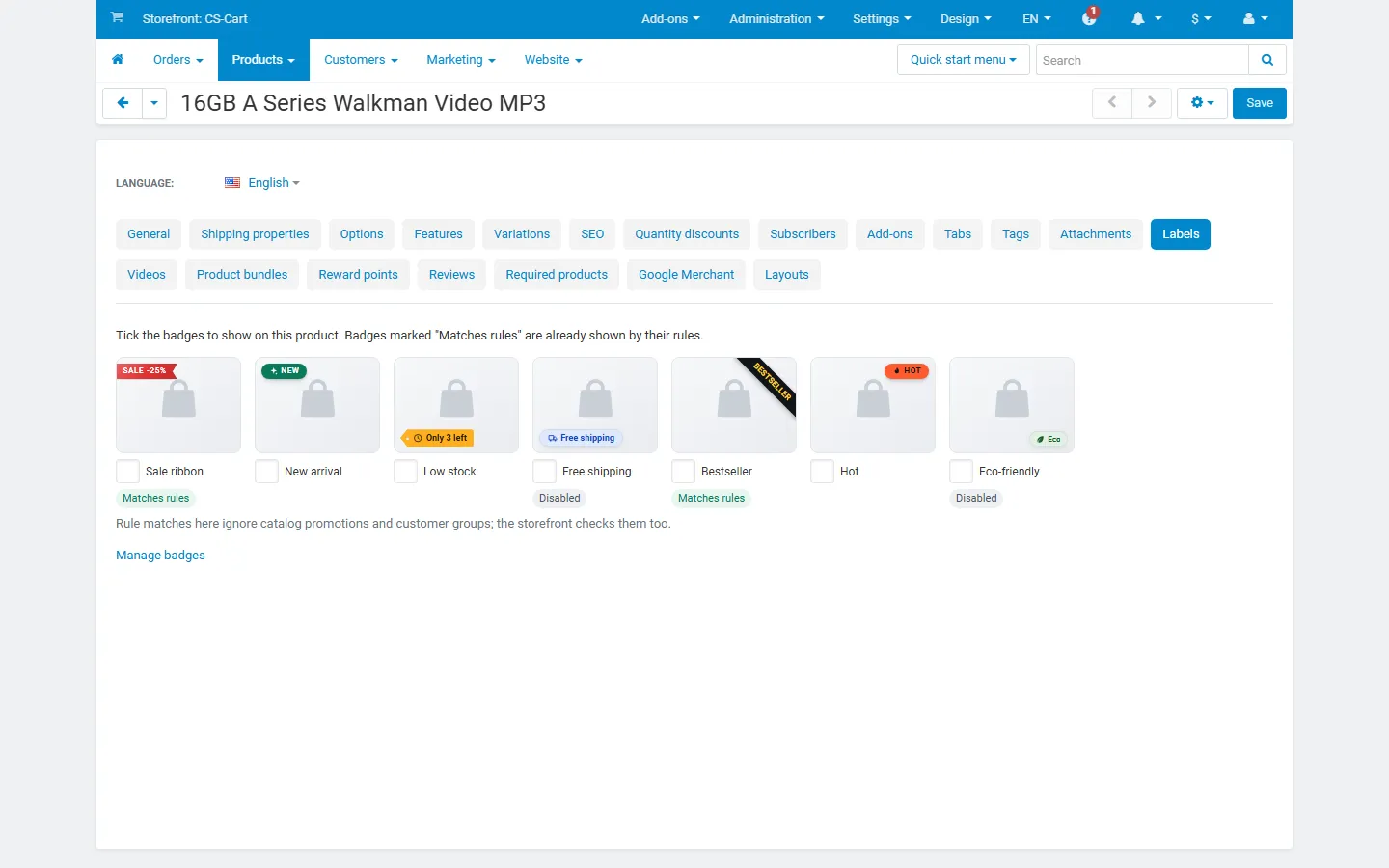 Product editor, Labels tab: badges to assign, with “Matches rules” on the ones the rules already show.