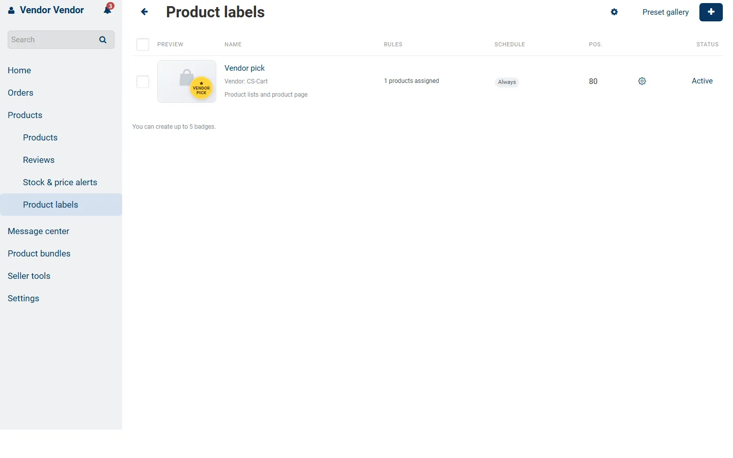 Multi-Vendor vendor panel: the vendor’s own badge list with the badge limit.