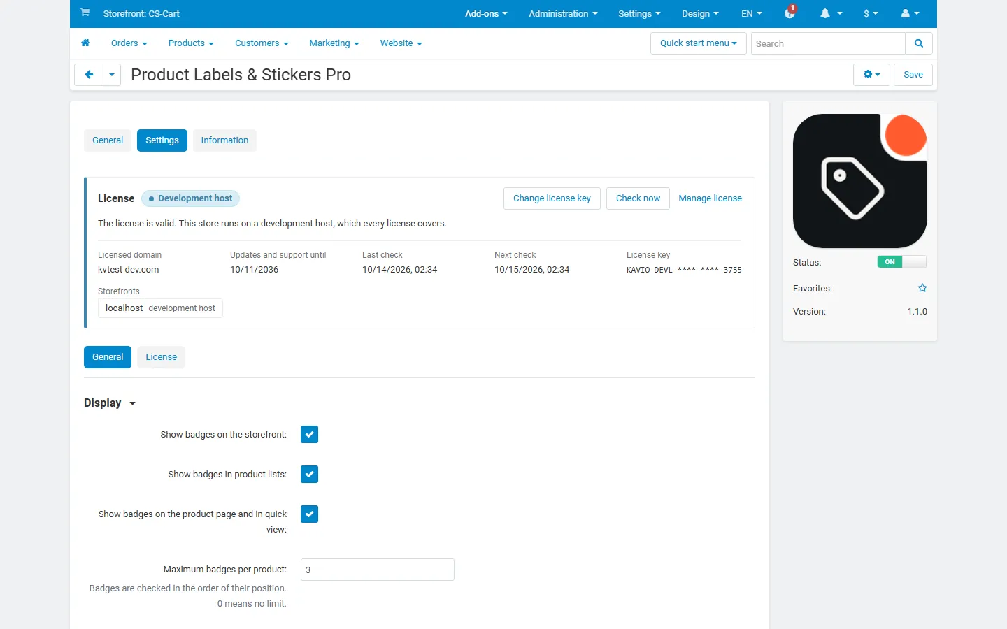 Add-on settings, Display section: storefront, list and product-page switches, maximum badges per product, list badge size and hiding the theme’s own labels.