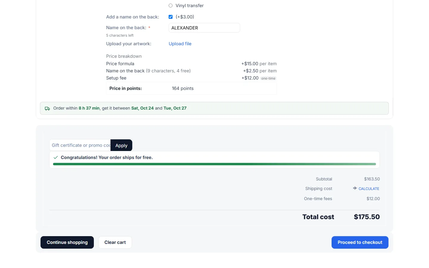 Cart totals with the separate “One-time fees” line (setup fee charged once for 3 items).