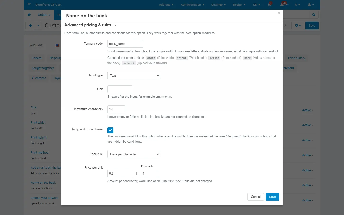 Option editor: “Advanced pricing & rules” (code, input type, limits).