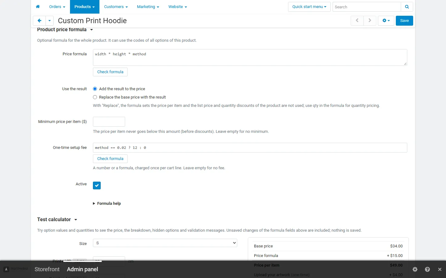 Product editor, Price formula tab: formula, add or replace, minimum price, setup fee.