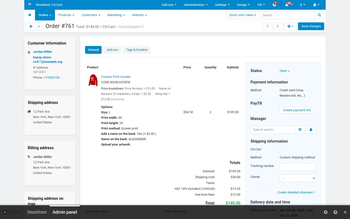 Admin order page: price breakdown of the item and the “One-time fees” total.