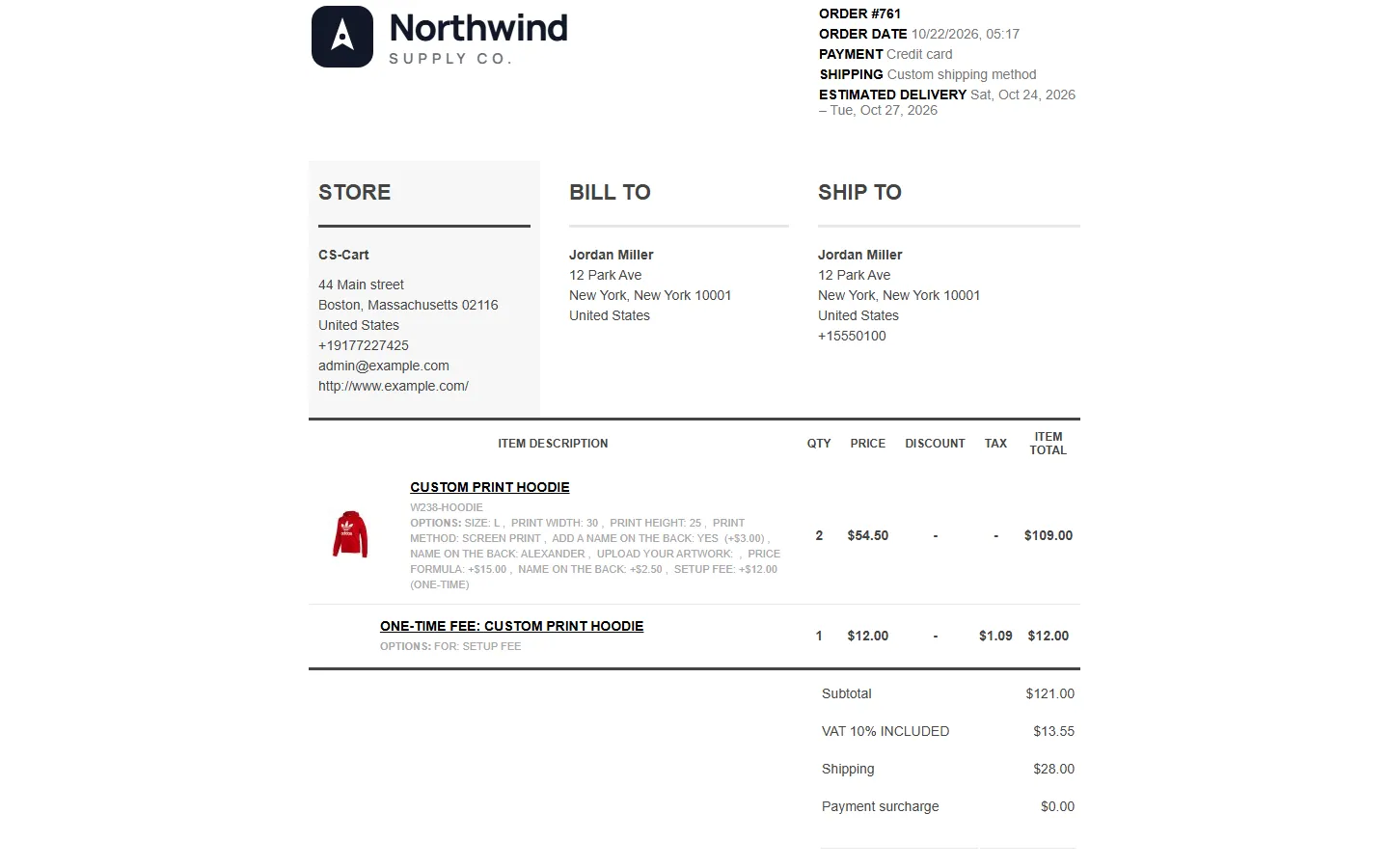 Invoice: breakdown lines with the item options and the one-time fee row.