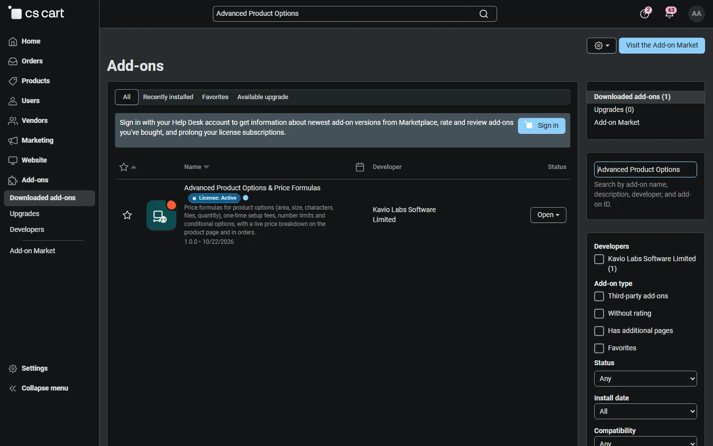 Add-ons list with Advanced Product Options & Price Formulas (placeholder icon until the integration step).