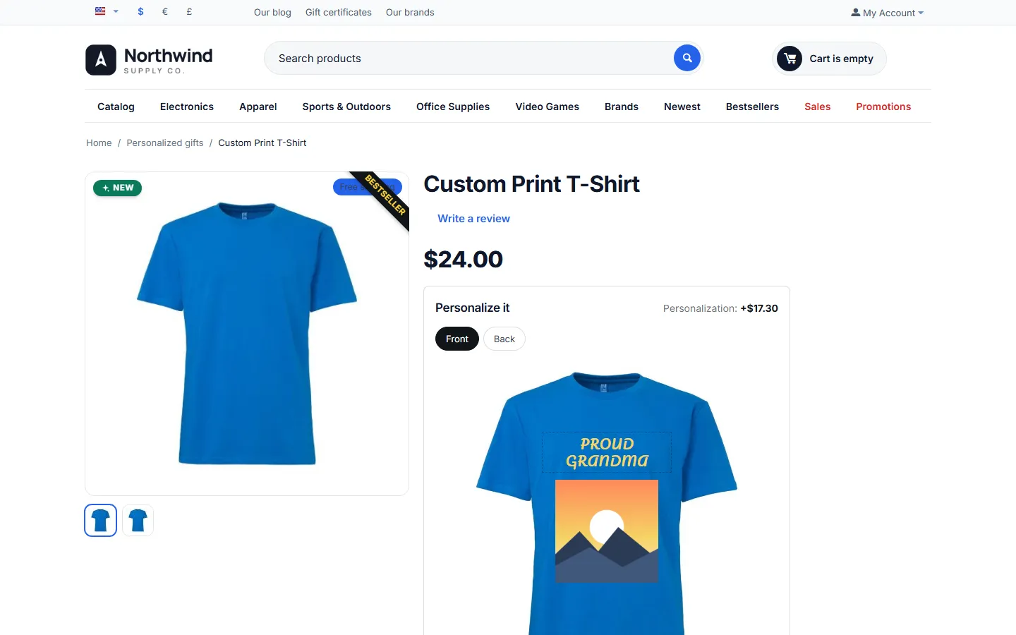 Product page: personalizer next to the gallery, personalization surcharge.