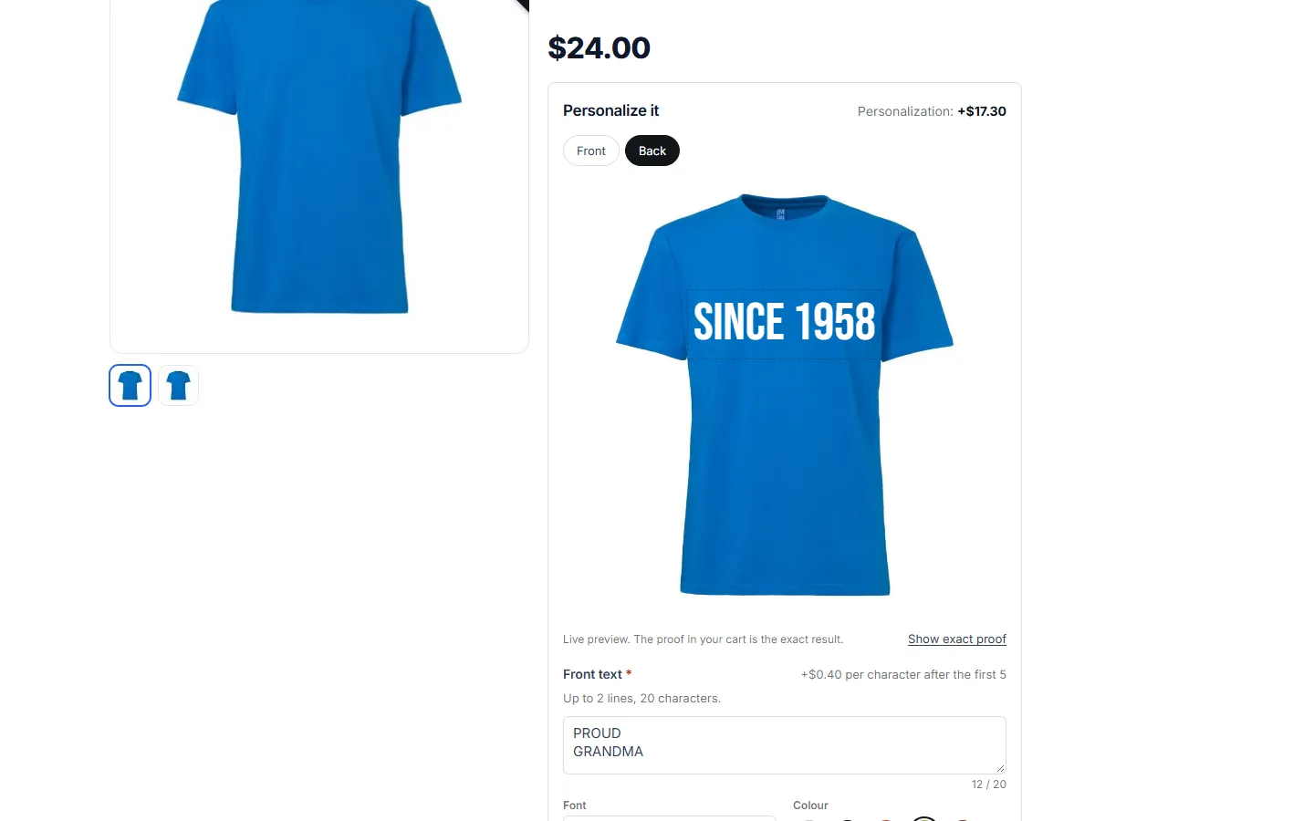 Back view tab with its own print area and font.