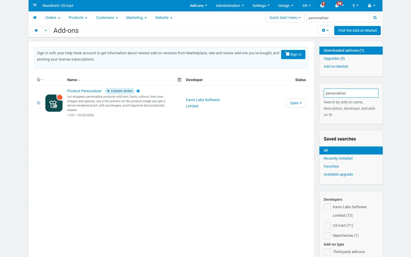 Add-ons list with the add-on active.