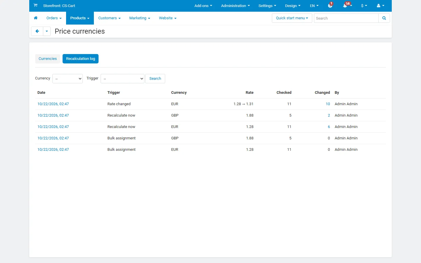 Recalculation log with filters: rate change, Recalculate now and bulk runs with checked and changed counts.