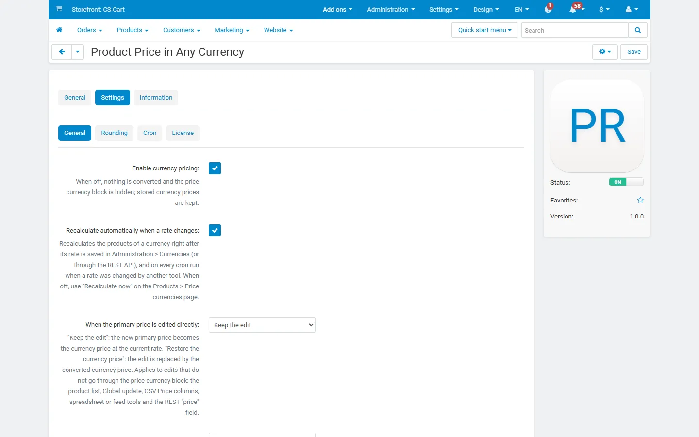 Settings, General: enable, automatic recalculation, direct edits, log retention.