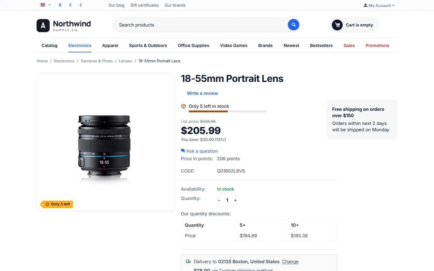 Storefront product page (Kavio Showcase): the converted price, list price and quantity discounts.
