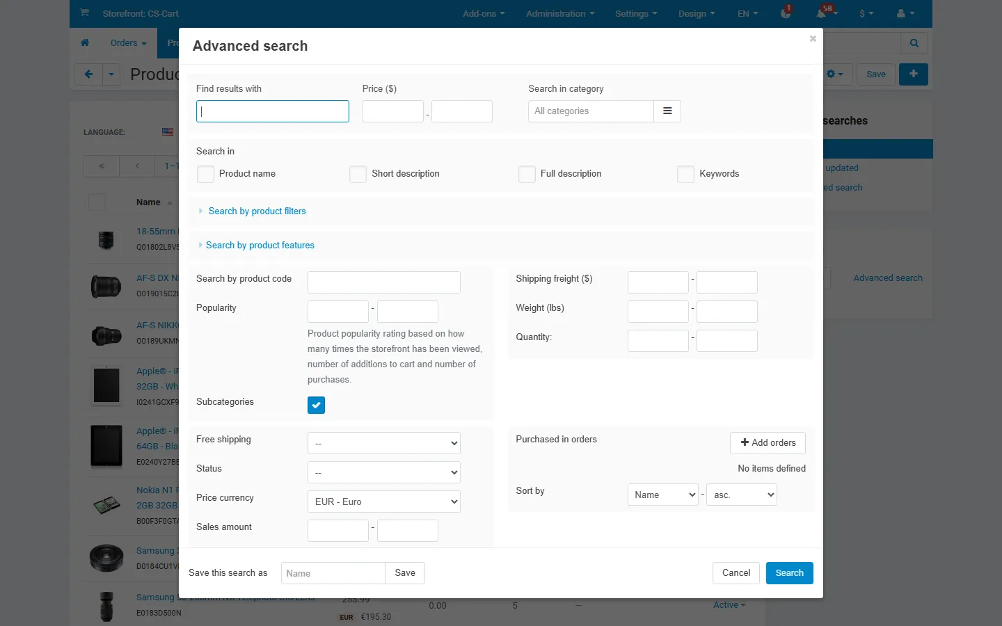 Advanced product search with the “Price currency” filter.
