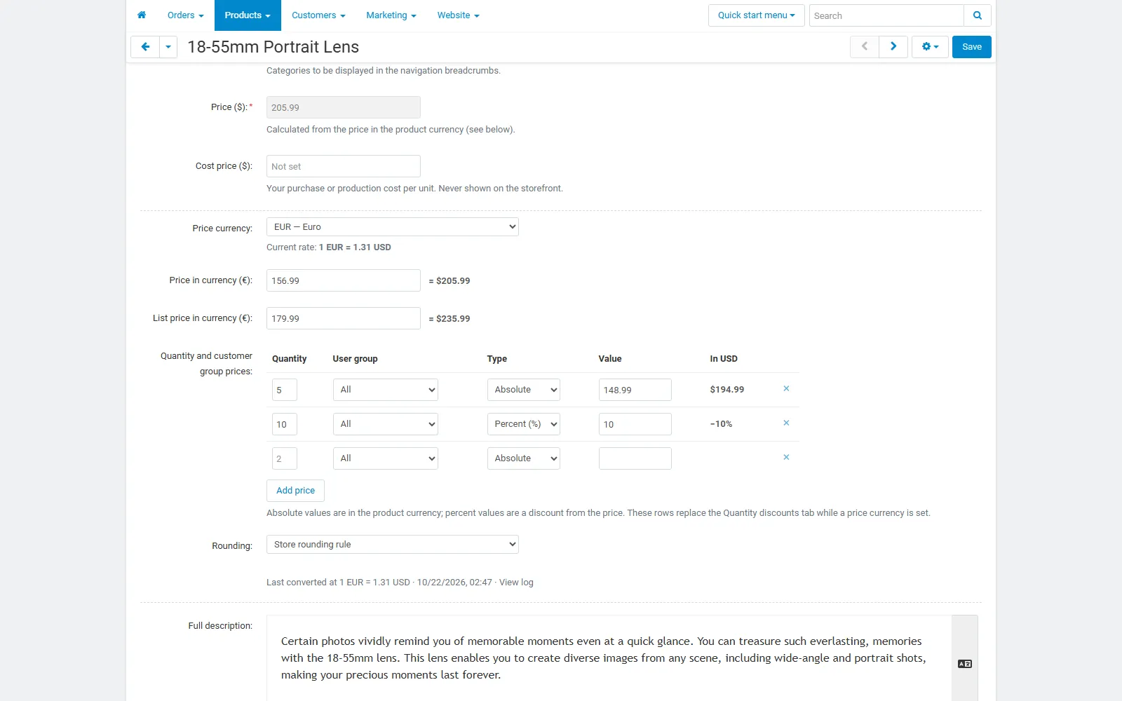 Product editor: price currency EUR, price and list price in euros with the converted USD values, quantity prices.
