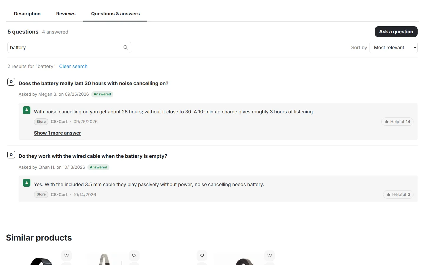 Search in questions and answers (“battery”).