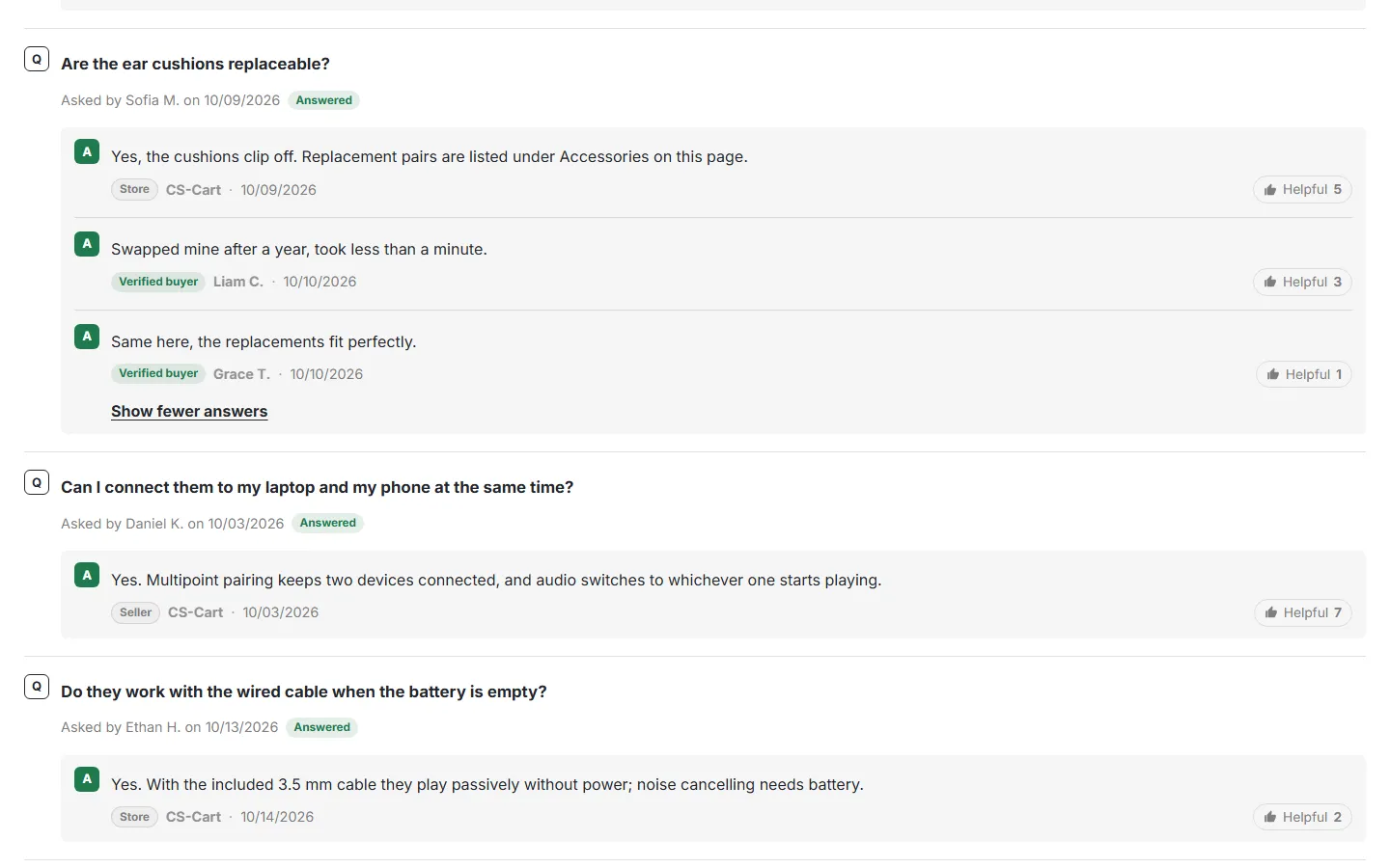 All answers of a question: store answer and verified buyer answers.