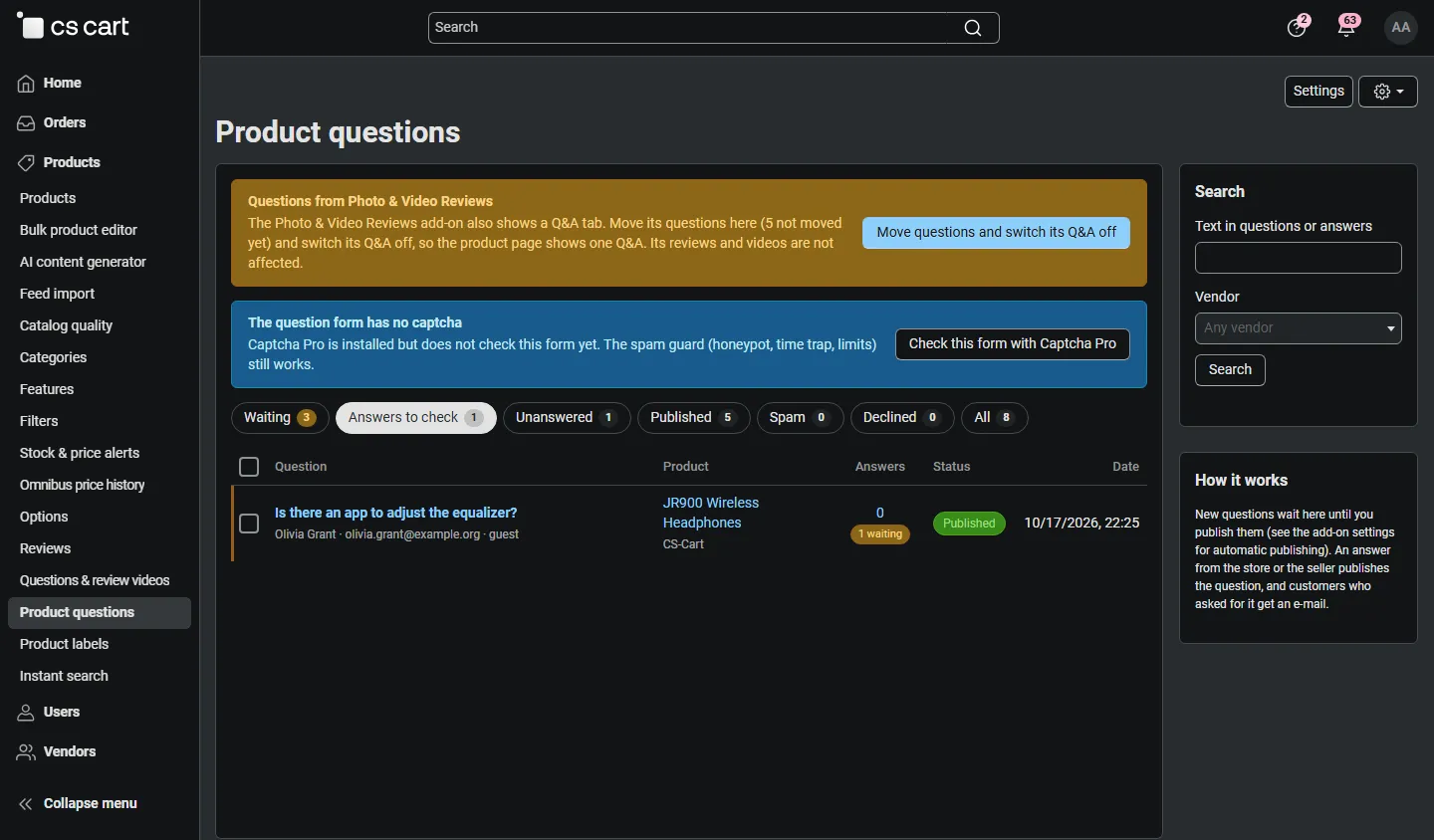 Answers to check: a customer answer waiting for approval.