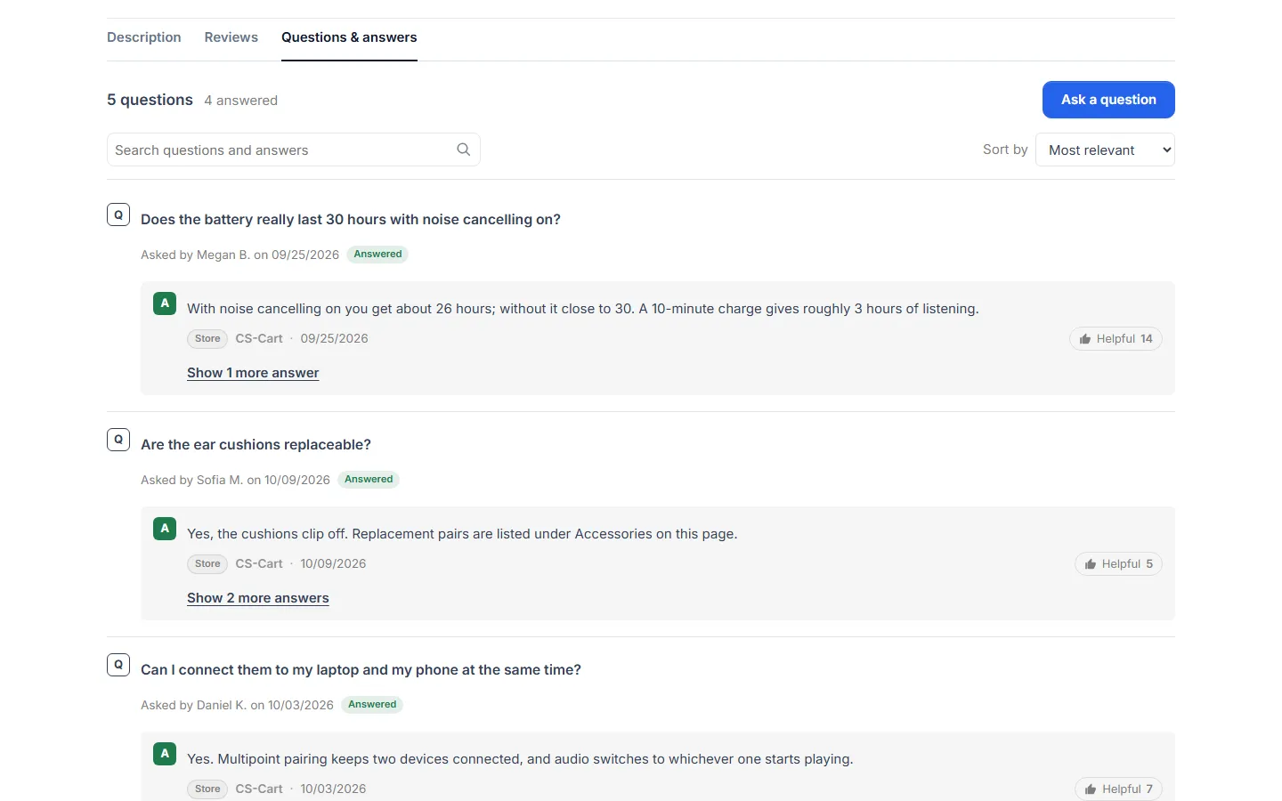 CS-Cart 4.17 storefront (Kavio Showcase) with the Q&A tab.