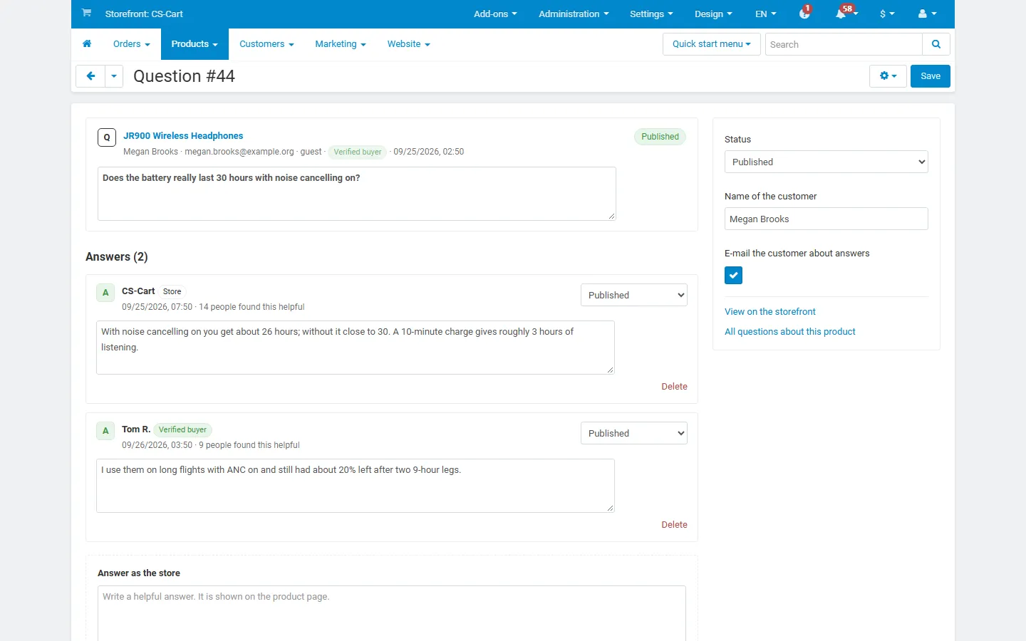 CS-Cart 4.17 admin: question page in the light back office.
