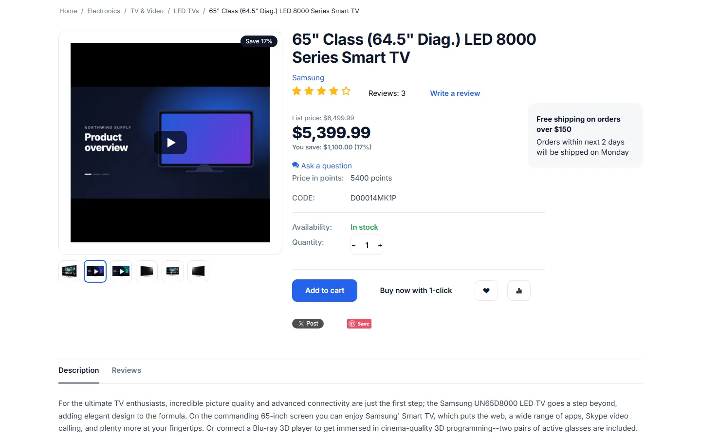 Product page with the video slide open in the image gallery and play icons on the video thumbnails.