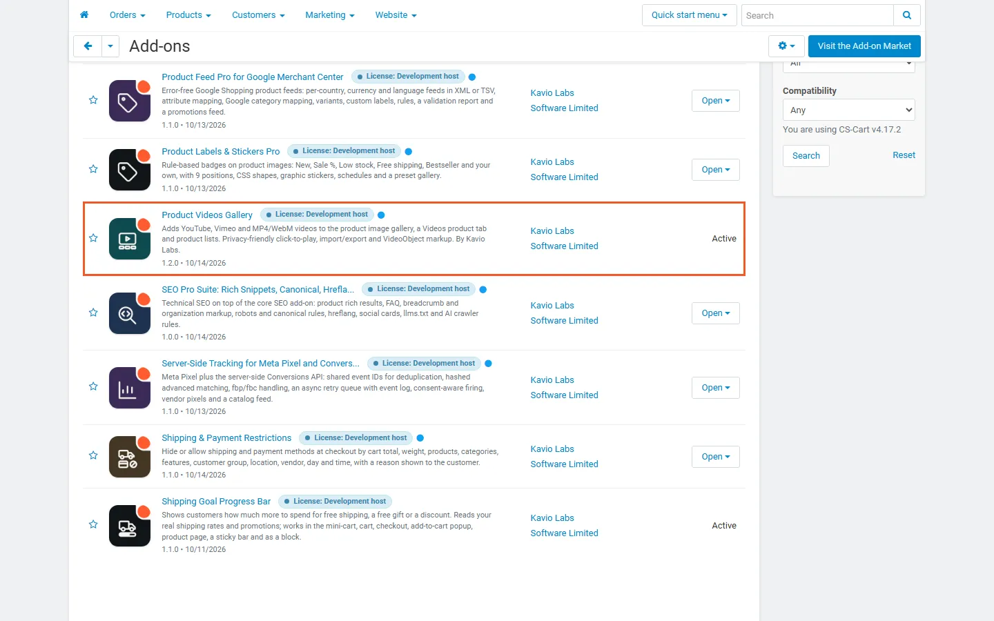 Admin, Downloaded add-ons filtered to Kavio Labs, with Product Videos Gallery highlighted and active.