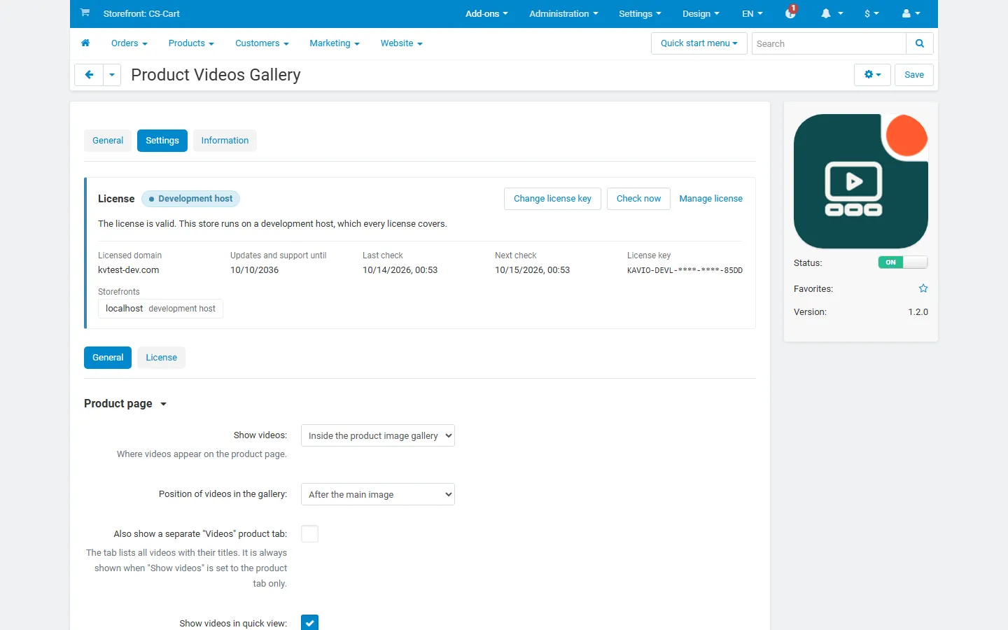 Add-on settings: where videos appear, gallery position, Videos tab, quick view, autoplay, limit, list badge, hover preview and privacy options.