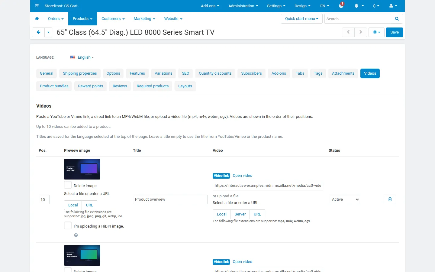 Admin product editor, Videos tab: video link or upload, preview image, title, position and status per video.