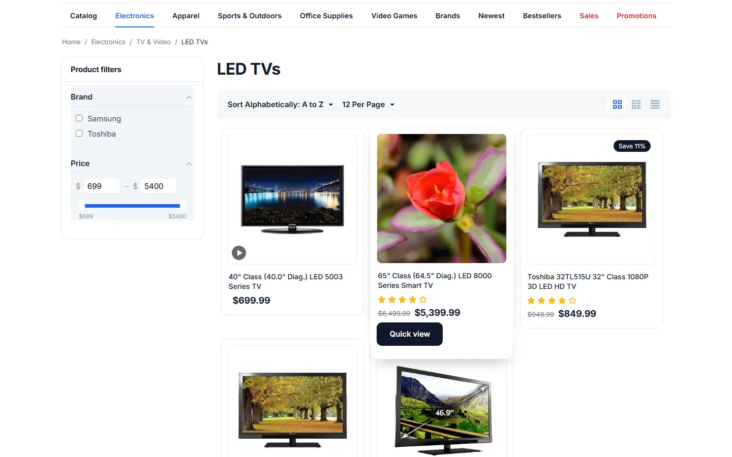 Category page: hover video preview on one card, play badge on another product with videos.