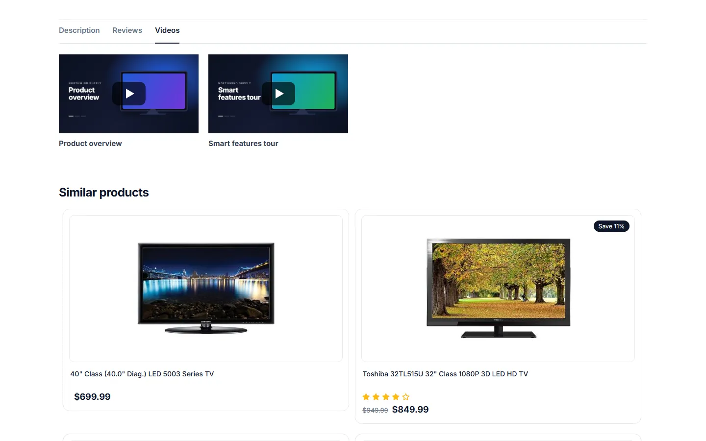 The optional “Videos” product tab listing all videos as titled click-to-play cards.