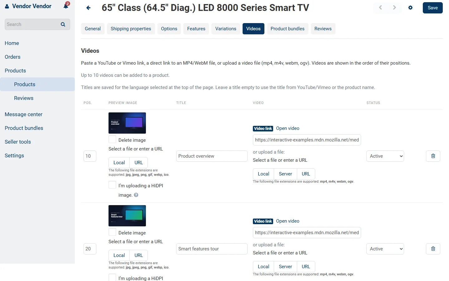 Multi-Vendor vendor panel: the vendor manages videos on their own product in the same Videos tab.