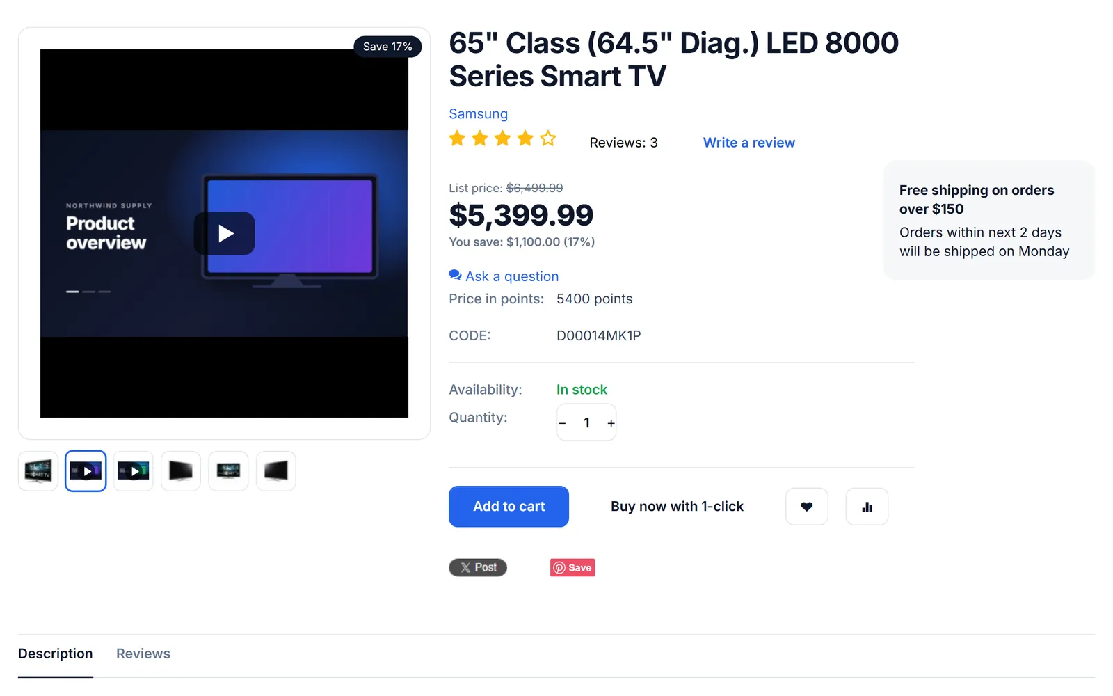 Product page: the “Product overview” video poster with a play button in the main gallery, video thumbnails in the strip, price and Add to cart.