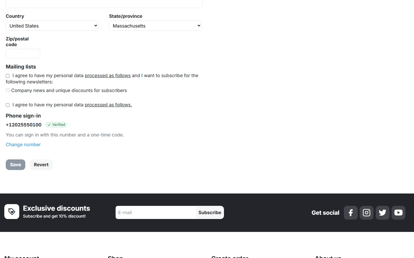 Profile details: Phone sign-in panel with the verified number.