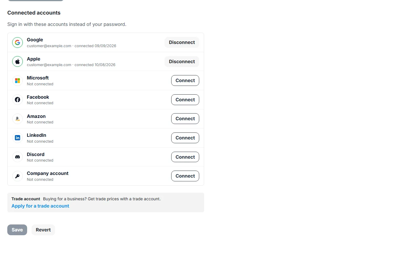 Customer profile: Connected accounts with Disconnect and Connect.