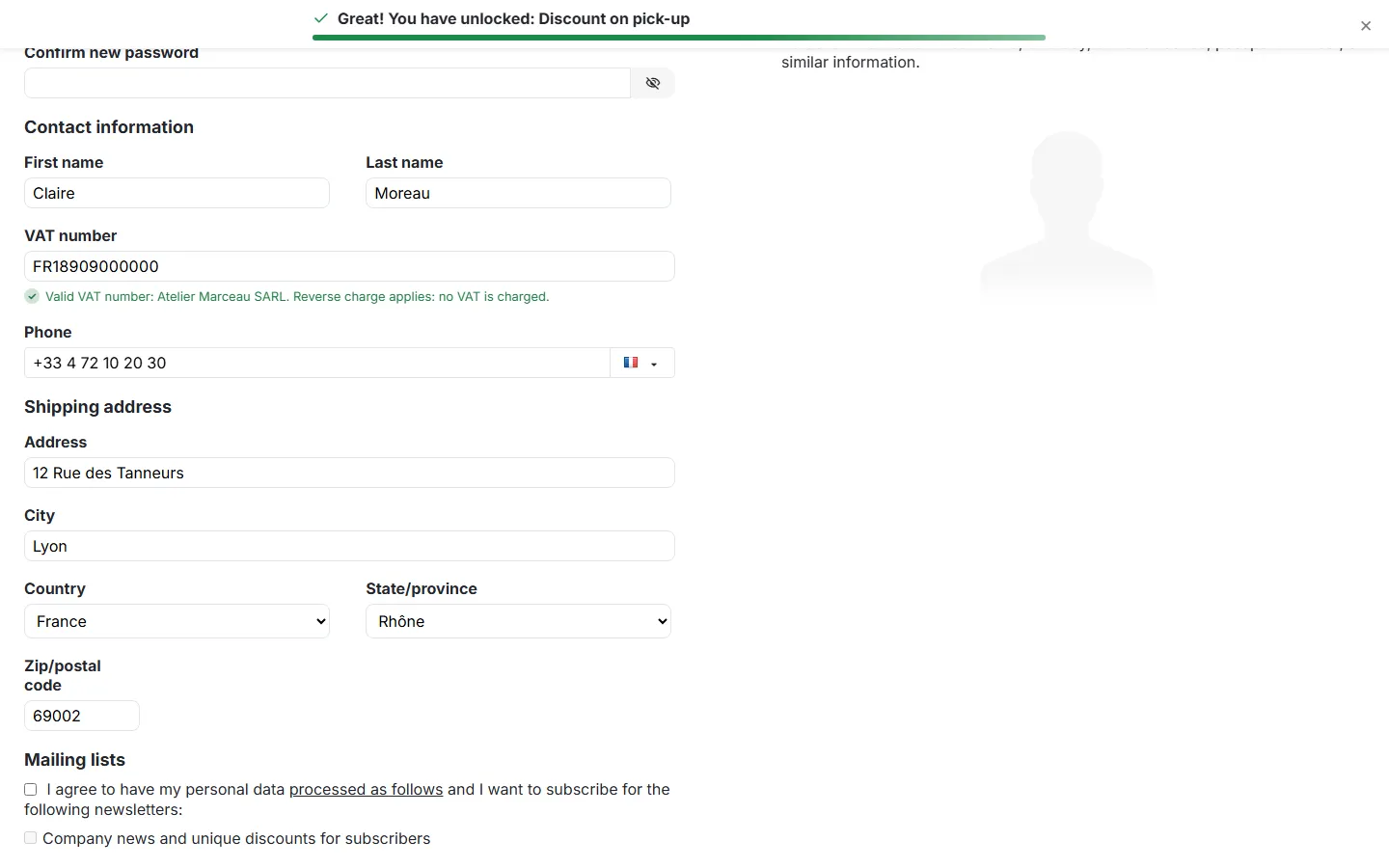 Profile page with a checked VAT number